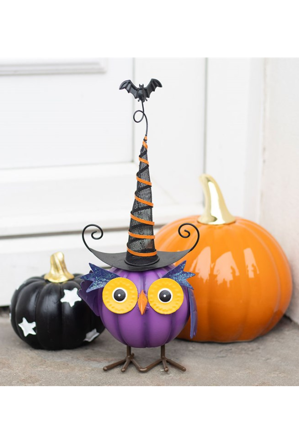 Purple Metal Owl Ornament with Witch Hat
