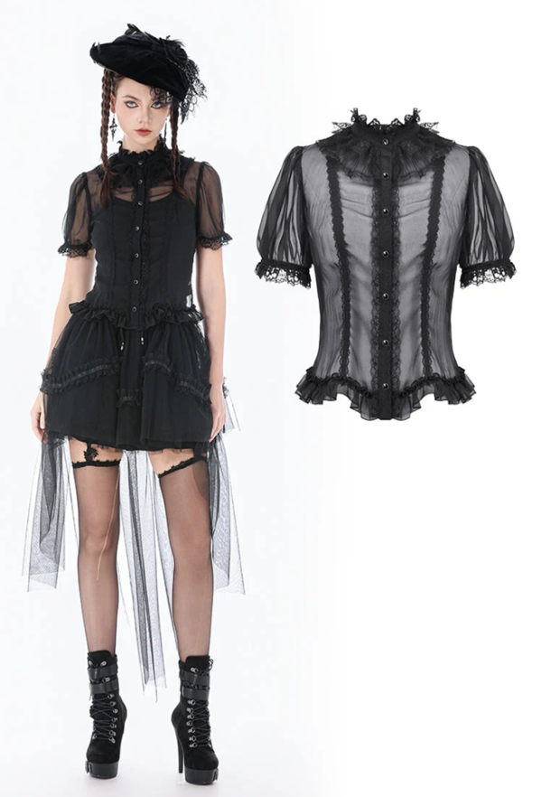 Courtly Sheer Lace Ruffle Blouse