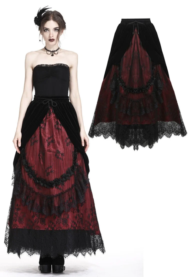 Gothic Black red wave velvet lace maxi skirt