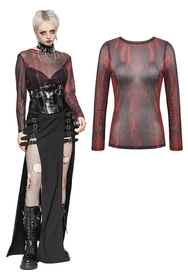 Black and Red Tie-Dye Mesh Versatile Basic Top